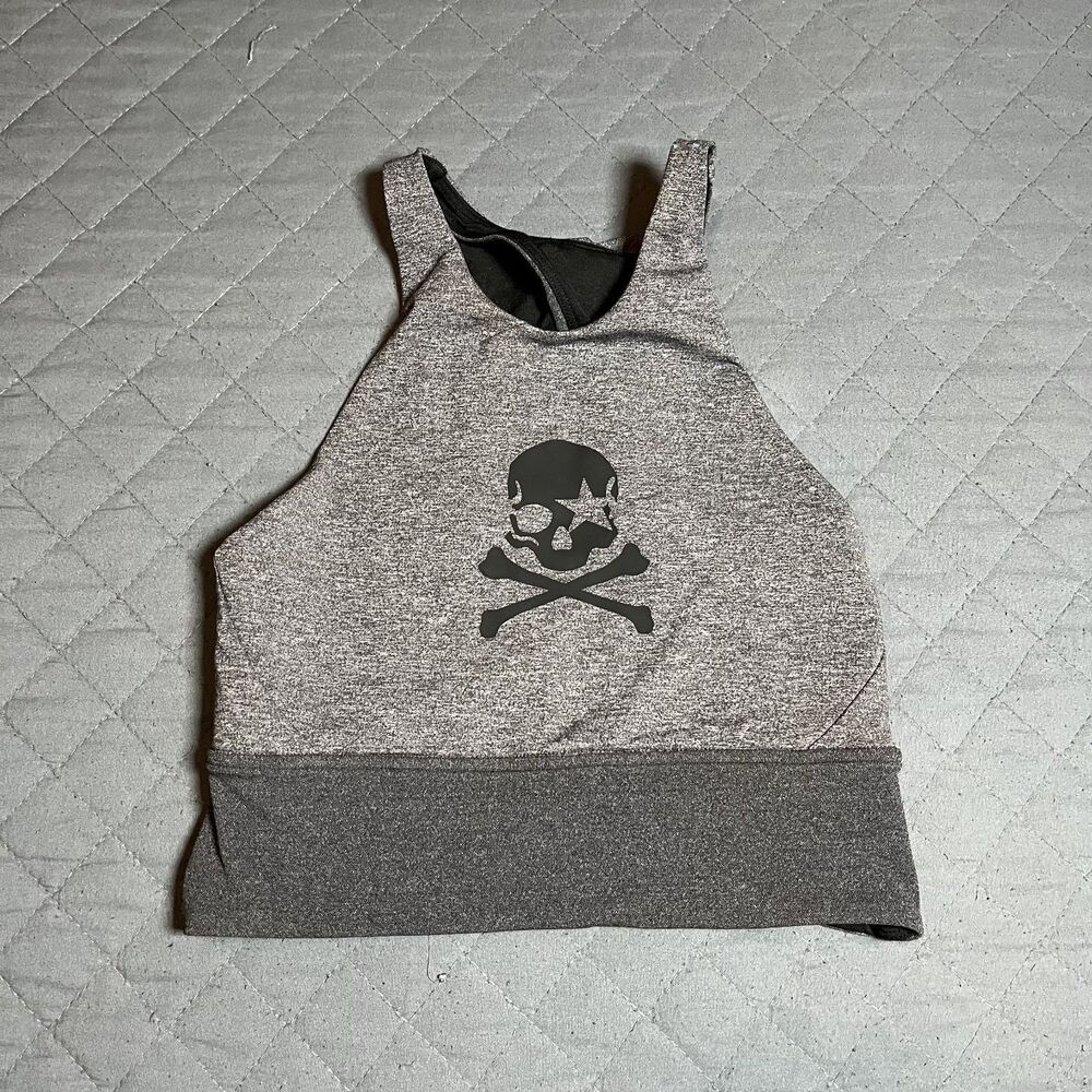 Lululemon Back In Action Bra Heathered Black Skull & Bones Size 4